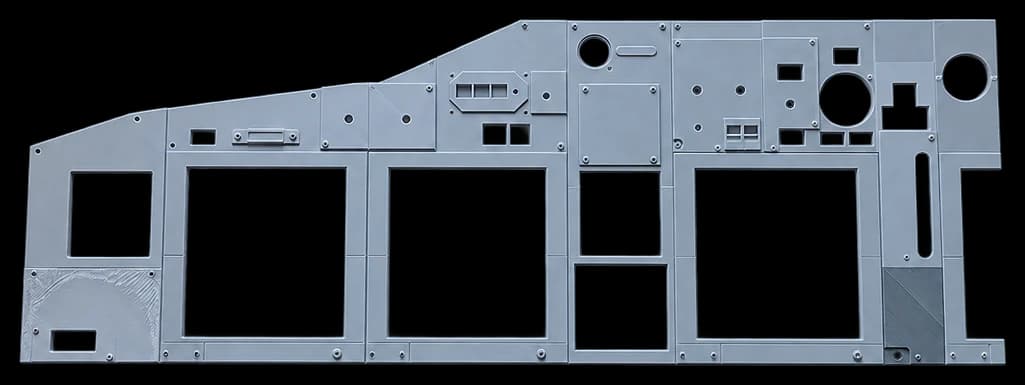 Long grey printed flight simulator instrument panel with gauge cutouts